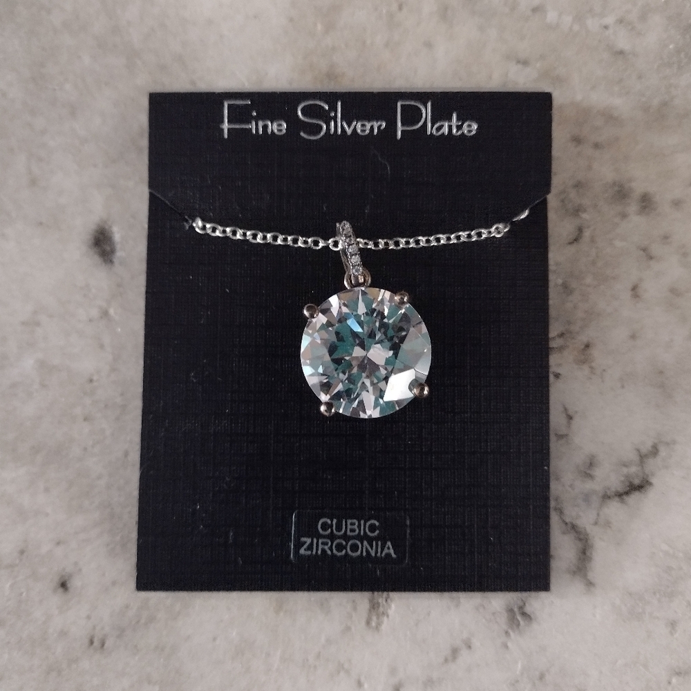 Cubic zirconia silver plate necklace new with tag 16-in chain delicate and bold